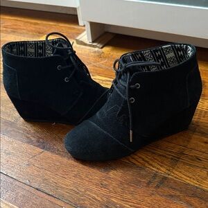 Toms Black Suede Lace-Up Wedge Booties